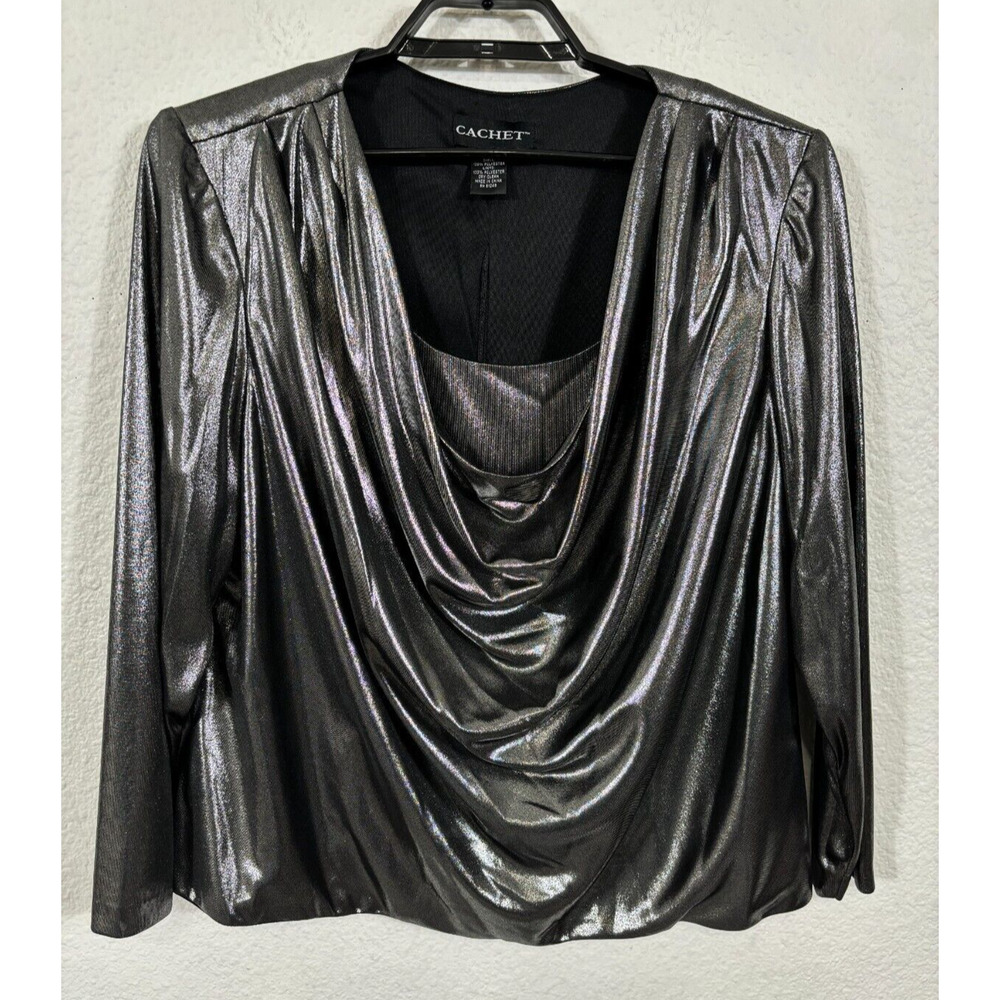 Cachet Top‎ Womens Size 2X Silver Long Sleeve Draped Disco Polyester Metallic